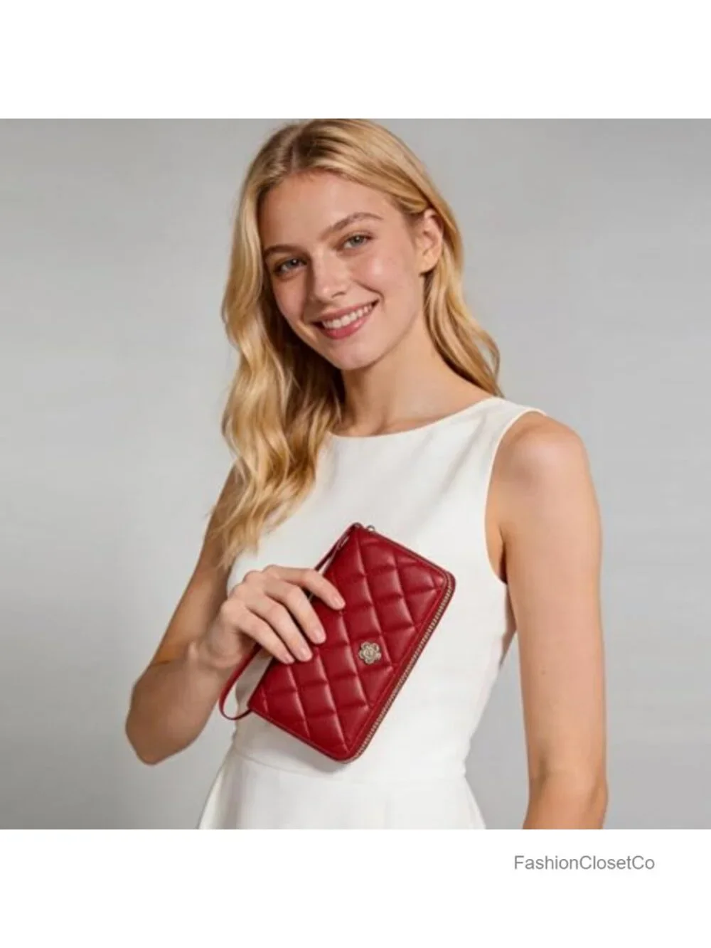 Large Capacity Quilted Faux Leather Wristlet Wallet with Zip Around Closure